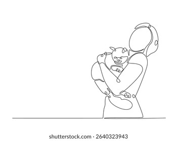 Happy woman hugging cute cat single outline illustration. Continuous line art drawing of woman hugging cat. Editable stroke.