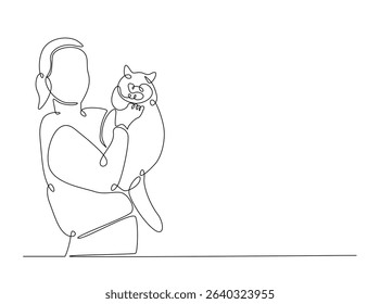Happy woman hugging cute cat single outline illustration. Continuous line art drawing of woman hugging puppy. Editable stroke.