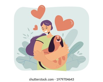 Happy woman hugging dog with love. Flat vector illustration. Girl holding tightly in her arms cute dachshund with long ears. Animal, pet, love, care, family concept for banner design or landing page