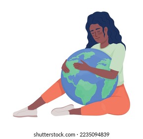 Happy woman hugging Earth semi flat color vector character. Editable figure. Full body person on white. Nature care simple cartoon style illustration for web graphic design and animation