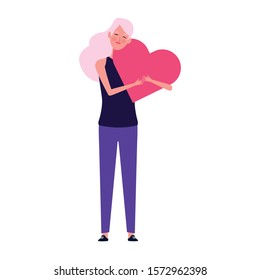 happy woman hugging a heart icon over white background, vector illustration