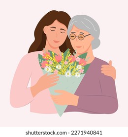 Happy  woman hugging her old mother with love. Mother and daughter. Mothers day . Friendly family relationship. Vector flat illustration 