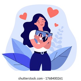 Happy woman hugging her wedding picture. Young married lady, new family, couple flat vector illustration. Marriage, love, relationship concept for banner, website design or landing web page