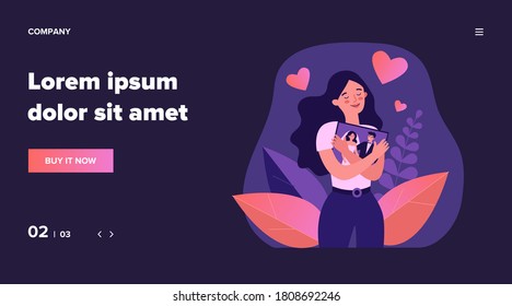 Happy woman hugging her wedding picture. Young married lady, new family, couple flat vector illustration. Marriage, love, relationship concept for banner, website design or landing web page