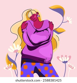 Happy woman hugging herself Modern vector illustration.Self love concept.Body positivity,surrounded by abstract flowers for mental health topics,self care campaigns,lifestyle, personal growth concepts