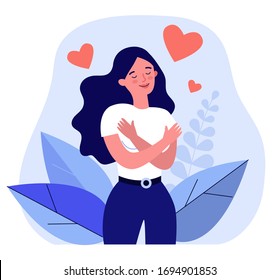 Happy woman hugging herself. Positive lady expressing self love and care. Vector illustration for love yourself, body positive, confidence concept - Shutterstock ID 1694901853