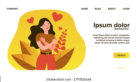 Happy woman hugging herself. Positive lady expressing self love and care. Vector illustration for love yourself, body positive, confidence concept