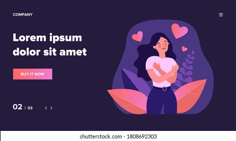 Happy woman hugging herself. Positive lady expressing self love and care. Vector illustration for love yourself, body positive, confidence concept