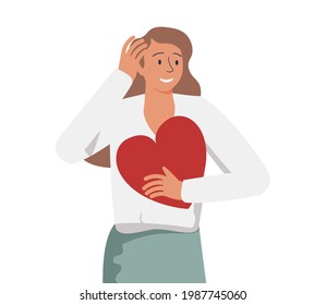 Happy woman hugging herself. Positive lady expressing self love and care. Vector illustration for love yourself, body positive, confidence concept