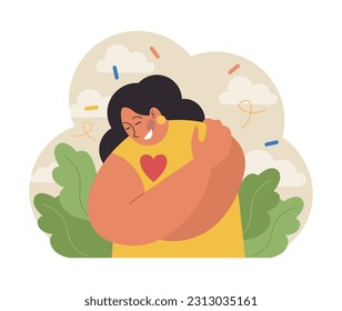 Happy woman hugging herself. Positive character expressing self love and care. Body positive and confidence. Cheerful character celebrating a international friendship day. Flat vector illustration