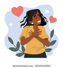 Mujer feliz que se abraza. Señora positiva que expresa amor propio y cuidado. Ilustración vectorial para amarse a sí mismo, cuerpo positivo, concepto de confianza.