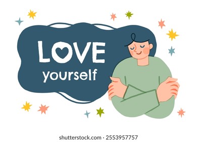 Happy woman hugging herself. Positive lady expressing self love and care. Vector illustration for love yourself, body positive, confidence concept