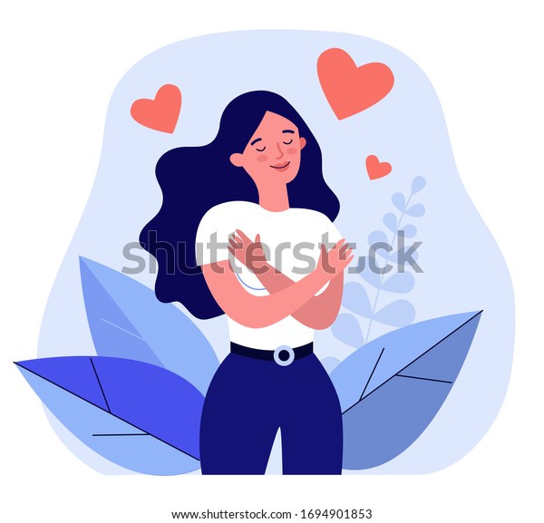 幸せな女性が抱きしめる 自己愛とケアを表すポジティブな女性 自分自身の愛のベクターイラスト 体のポジティブ 自信のコンセプト のベクター画像素材 ロイヤリティフリー