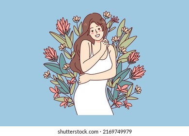 Mujer feliz abrazándose rodeada de flores. Chica sonriente sintiéndose segura de sí misma y optimista. Cuerpo positivo y amor propio concepto. Ilustración vectorial. 