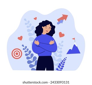 Happy woman hugging herself. Vector illustration. Positive lady expressing self love and care. Love yourself, body positive concept