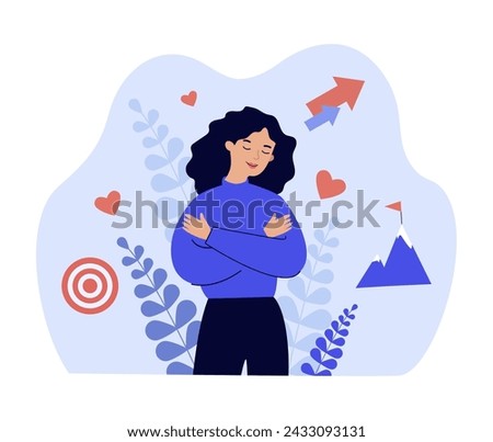 Happy woman hugging herself. Vector illustration. Positive lady expressing self love and care. Love yourself, body positive concept