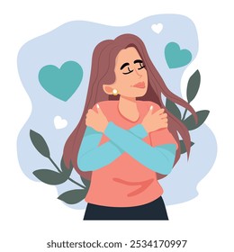 Mujer feliz abrazándose a sí misma. concepto de amor propio y cuidado. Ilustración vectorial por amarte a ti mismo.