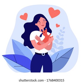 Happy woman hugging little dog. Pet care, puppy, love flat vector illustration. Domestic animals, breed, friendship concept for banner, website design or landing web page