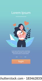 Happy woman hugging little dog. Pet care, puppy, love flat vector illustration. Domestic animals, breed, friendship concept for banner, website design or landing web page