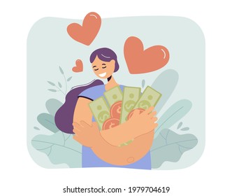 Happy woman hugging lots of money with love. Flat vector illustration. Girl holding tightly in her arms banknotes and coins. Money, prize, inheritance, luck, jackpot concept for banner design