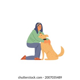 Happy Woman Hugging And Patting Her Dog. Flat Vector Illustration. Isolated On White.