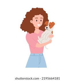 Happy woman hugging puppy, flat vector illustration isolated on white background. Concept of pet adoption and animal shelter. Girl cuddles cute dog. Friendship between human and animal.