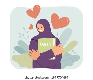 Happy woman hugging Quran book with love. Flat vector illustration. Girl holding tightly in her arms holy book of Muslims. Islam, religion, faith, tradition concept for banner design, landing page