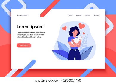 Happy woman hugging white cat. Owner holding pet in arms, love, hearts flat vector illustration. Domestic animals, pet care, friend concept for banner, website design or landing web page