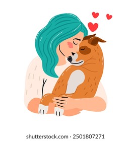 Happy woman hugs dog. Illustration about the love of pet owners authors work