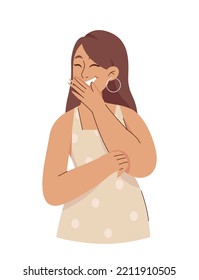 Happy woman icon. Young girl in white dress smiles and covers her mouth with her hand. Sticker for social networks and reaction for messengers. Fashion and style. Cartoon flat vector illustration