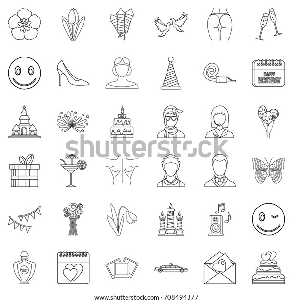 Happy woman icons set.\
Outline style of 36 happy woman vector icons for web isolated on\
white background