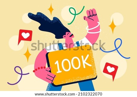 Happy woman influencer celebrate large number of followers on social media. Smiling girl blogger have thousands of subscriptions on online channel. Blogging concept. Vector illustration. 