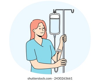 Happy woman with intravenous saline drip in hospital. Smiling female patient receive medication and treatment in clinic. Healthcare. Vector illustration.