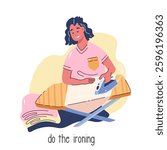 Happy woman ironing clothes using electric iron and board cartoon scene. Funny girl housewife doing housework job. Housekeeping routine, cartoon ironing action of young housekeeper vector illustration