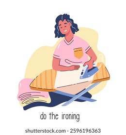 Happy woman ironing clothes using electric iron and board cartoon scene. Funny girl housewife doing housework job. Housekeeping routine, cartoon ironing action of young housekeeper vector illustration