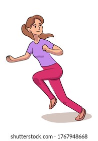 Happy woman jogging outdoor isolated on white background. Young girl in sport wear running, have fun, doing sports activity. Vector character illustration of healthy lifestyle, enjoy leisure, fitness