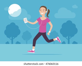 Happy woman jogging outside and listening music on his smartphone vector illustration in flat style