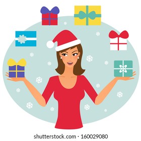 Happy woman juggling with xmas presents