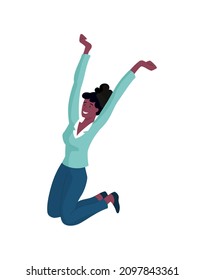 Happy woman jump. Employee celebrates success. Joyful character, emotion and expression. Achievement, competition winner and success. Cartoon flat vector illustration isolated on white background