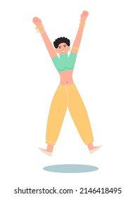 Happy woman jump in green top isolated on white background. Hand draw flat vector illustration.