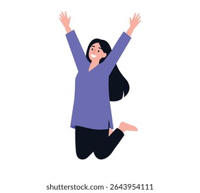Happy woman jumping in air, excited celebration vector illustration.