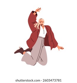 Happy woman jumping, arm up, celebrating success, smiling. Energetic business person, office worker, cheerful joyful emotion, greeting with hand. Flat vector illustration isolated on white background