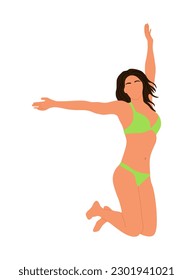 Happy woman jumping in bikini. Pretty girl wearing swimsuit having fun on the beach. Vector realistic illustration isolated on white background