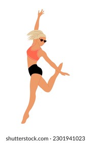 Happy woman jumping in bikini. Pretty blonde girl wearing swimsuit having fun on the beach. Vector realistic illustration isolated on white background