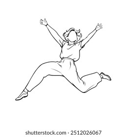 Happy Woman Jumping Black Sketch Line Art Drawing. Jump Concept Abstract Minimal Drawing. Vector Linear Happy Woman Illustration. Modern Trendy Contour Drawing