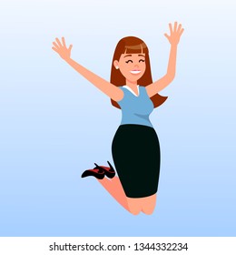 Happy Woman Jumping Cartoon Vector Illustration. Cheerful Businesswoman in Formal Clothes. Lady Got Job. Successful Woman Flat Clipart. Female Character in Blouse and Skirt. Smiling Secretary