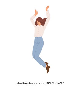 Happy woman jumping up and celebrating her success and victory. Successful employee expressing joy and happiness. Colored flat vector illustration of rejoicing winner isolated on white background