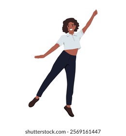 Happy woman jumping up and celebrating her success and victory. Flat vector illustration isolated on white background