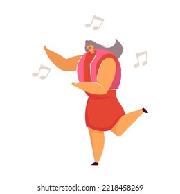 Happy woman jumping and dancing. Having fun to music, aged men and women at party flat vector illustration. Dance club concept for banner, website design or landing web page