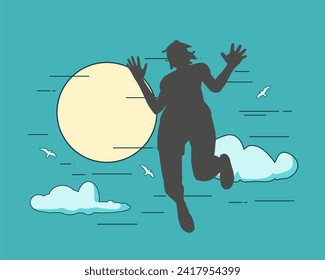 Happy woman jumping and enjoying life at sunset feeling happy and freedom